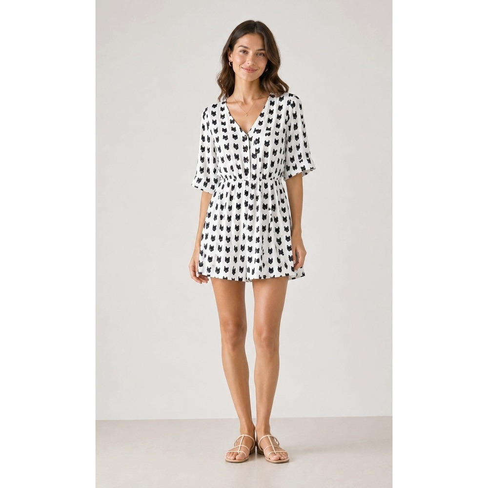 Mimi Chica Novelty Cat Print Dress M White Black‎ Tab Sleeves Animal Casual Y2K